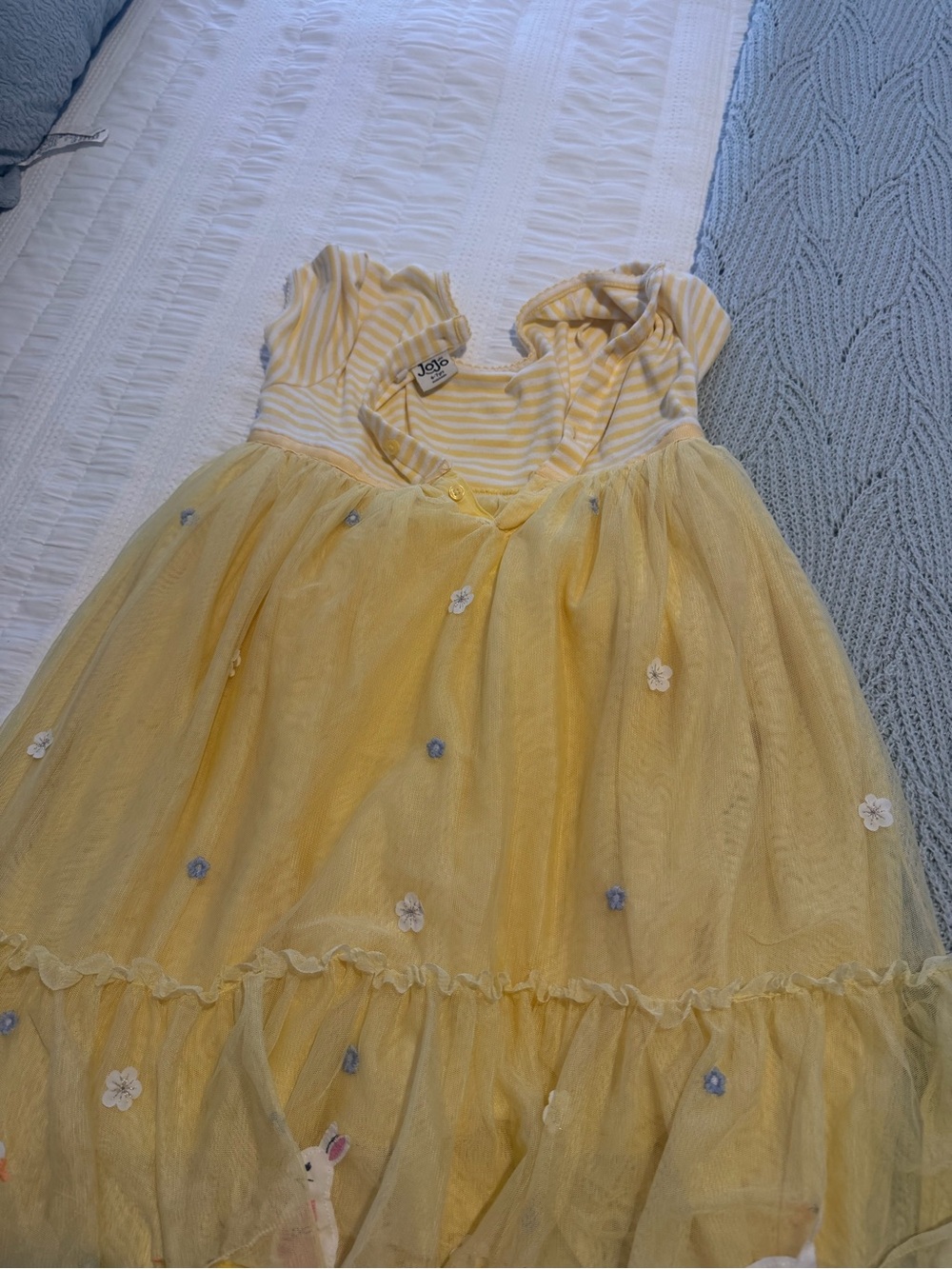 JoJo Maman Bebe Yellow Striped Tulle Dress with Floral Appliqués